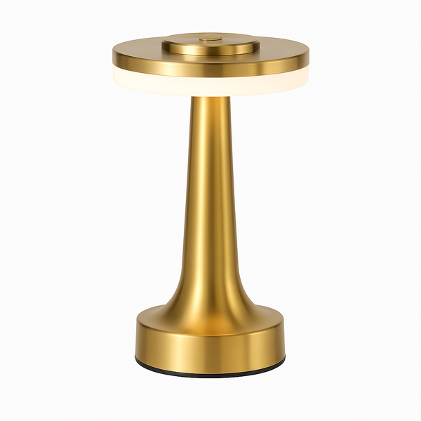 Rechargeable LED Table Lamp with elegant brass finish, touch sensor, and 3-level adjustable brightness. Perfect for bedrooms, restaurants, hotels, and bars.